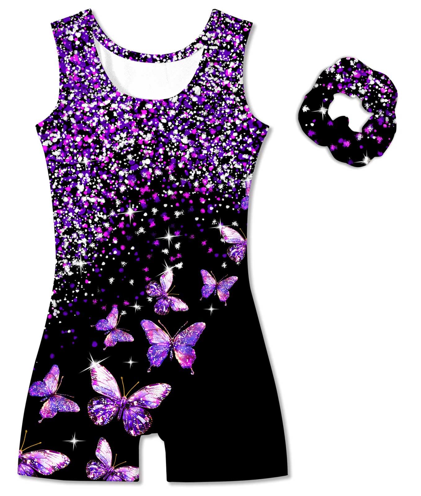 Vogseek 4-5T Girls Gymnastics Leotards with Hair Scrunchie Sparkle Dance Unitards Purple Butterfly's Active Biketards with Shorts for Kid Cute Tumbling Dance Outfit, Black