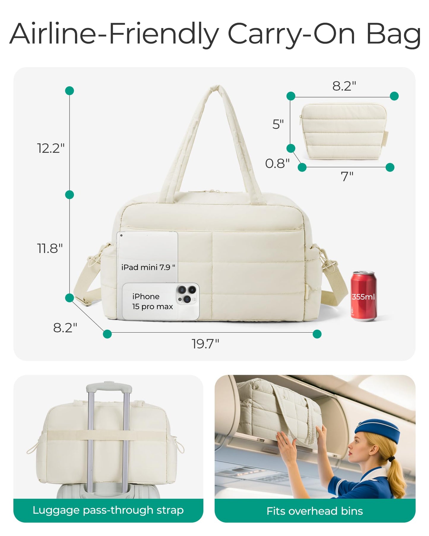 BAGSMART Gym Bag for Women, Lightweight Puffer Duffle Bag 2-PC Travel Bag, 31L Weekender Overnight Bag Quilted Carry On Tote Bag, Diaper Hospital Dance Bag for Travel, Gym, Water Resistant, Beige