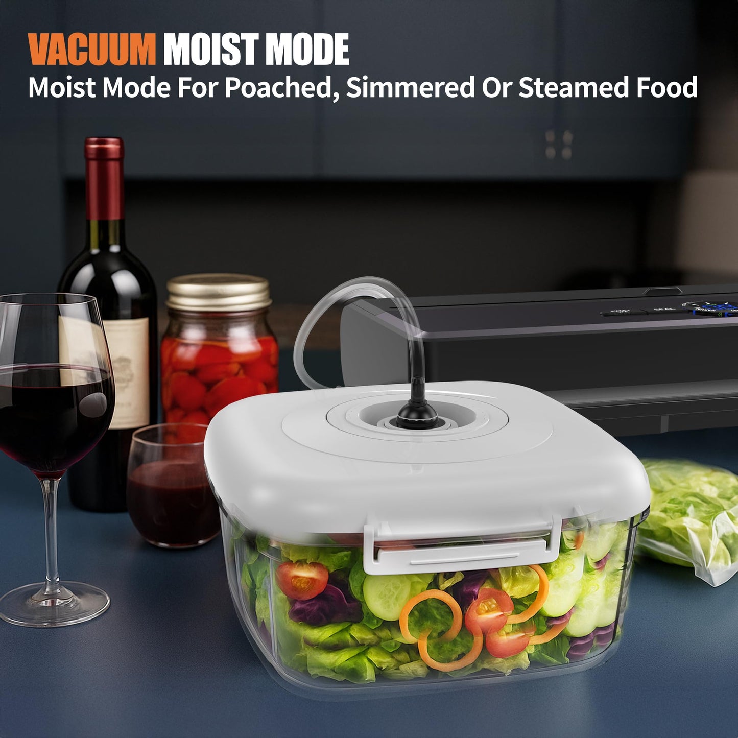 Sealer Machine for Food Storage, 85KPA Strong Suction, Dry/Moist Mode, Automatic Seal in 10-20 Seconds with 10 Vacuum Bags & 1 Roll, Built-in Cutter, Bag Storage & Vacuum Hose, for Home Kitchen Use