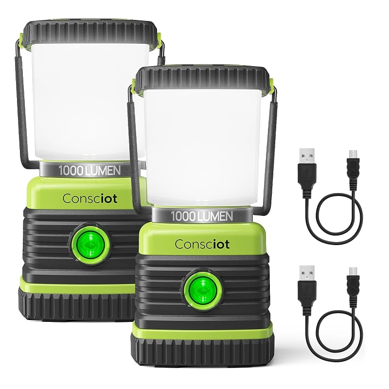 Consciot 1000LM LED Camping Lantern, 4 Light Modes, Dimmable, 2 Pack Light Green