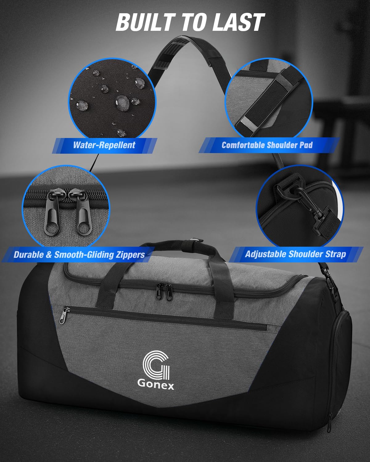 Gonex Gym Duffel Bag 18 inch with Shoe Compartment Wet Pocket, Large Capacity Sports Duffle Bag for Men Women, Workout & Travel Bag with Multiple Pockets, Black/Gray, Small (30L)