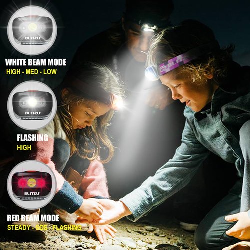 LED Headlamp Flashlight for Adults & Kids, Lightweight, Waterproof Head Lamp with White & Red Light, Comfortable Headband, Perfect for Running, Camping, Hiking, 3 AAA Batteries Included, Purple