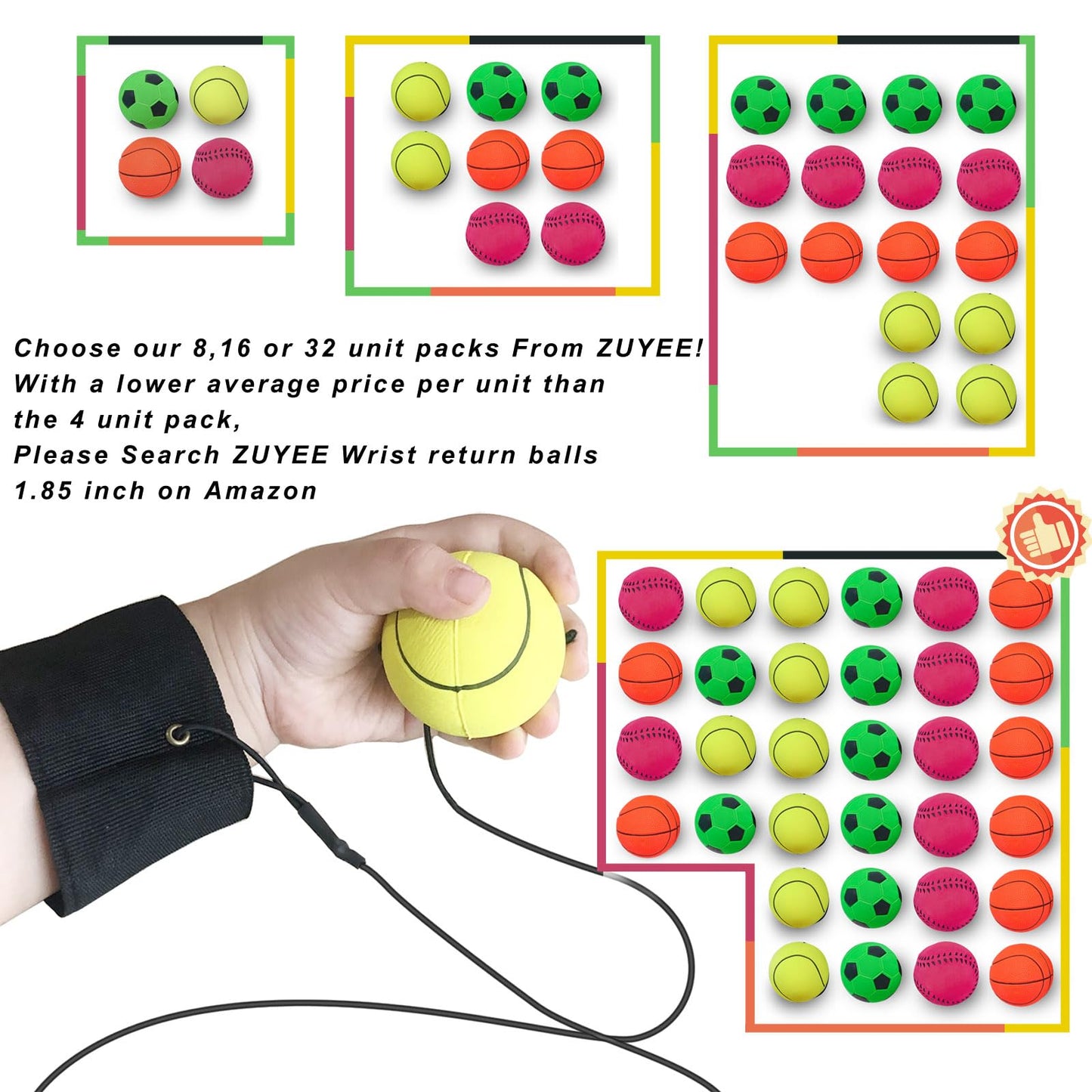 ZUYEE Wrist Return Ball 1.85 Inch Sports Wrist Balls On A String Rubber Rebound Balls (Basketball, Baseball, Soccer) Wristband Toy for Children Kids Gift Exercise or Play (4 PCS)