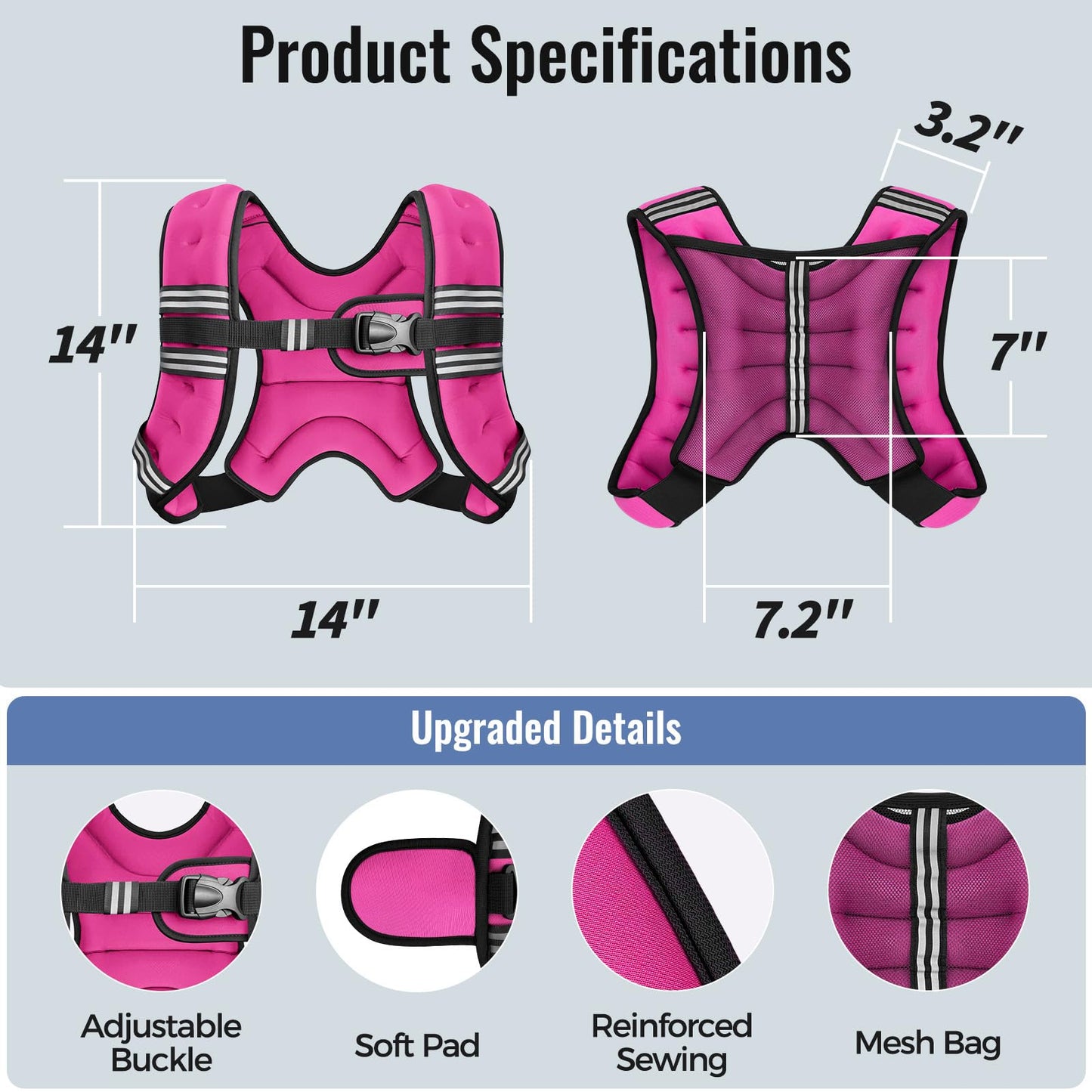 Zeerun Weighted Vest, 6lb/8lb/10lb/12lb/15lb/18lb/20lb/24lb/30lb for Men Women, Reflective Stripe Adjustable Buckle, Comfortable Durable Rucking Vest for Walking Running Strength Training, 10LBS-Pink
