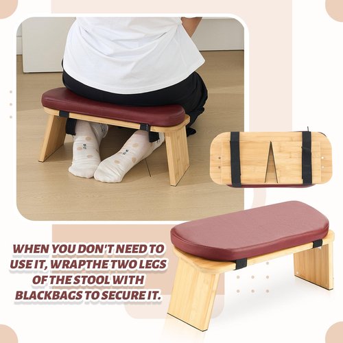 Beeveer Folding Meditation Bench with Leather Cushion Bamboo Stool Comfortable Prayer Seat Seiza Meditation Chair for Yoga, Travel, Pray, Zen Practice Stool