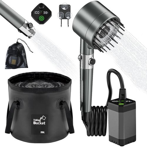 Portable Shower for Camping 6000mAh Rechargeable Shower Pump with Intelligent LED Display & 20L Foldable Bucket 4 Spray Modes Outdoor Shower Head IPX7 Waterproof for Hiking, Travel, Car, Pet, Beach