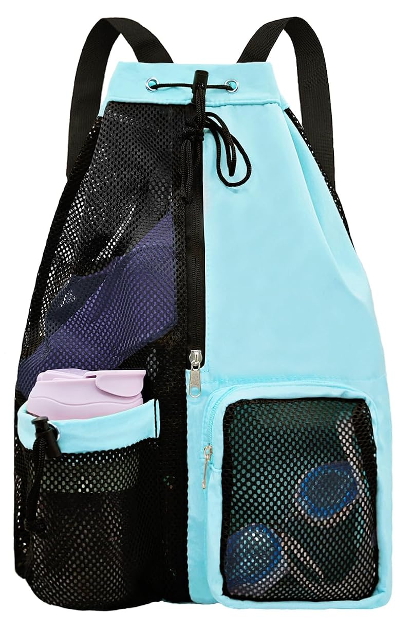 Lifwimner Mesh Beach Backpack with Wet Pocket - Drawstring Pool Bag, Waterproof Gym Bag – Mint Blue