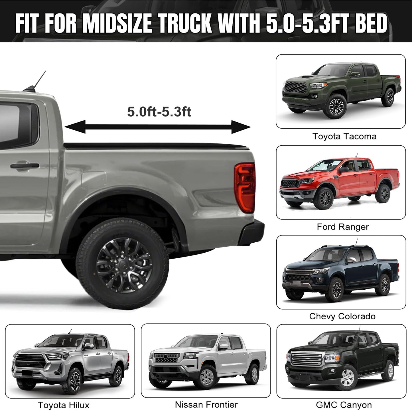 Mid-Size Truck Bed Tarp Cover Compatible with Toyota Tacoma, Ford Ranger and Nissan Frontier 5Ft-5.3Ft Short Bed, 600D Heavy Duty with 12 Elastic Cords Pickup Bed Tarp for Snow Rain Dust Protection