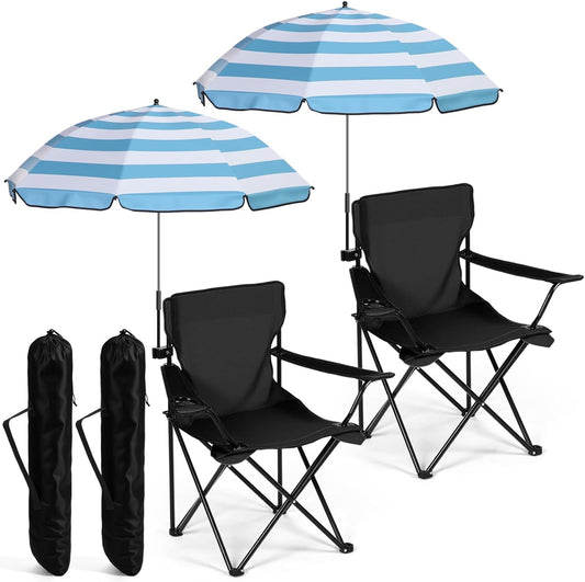 2 Sets Beach Chair with Umbrella Foldable Camping Chair Fold up Umbrella with Universal Clamp Large Portable for Outdoors Fishing Camping Hiking Travel Picnic Beach (Black,Blue,White)