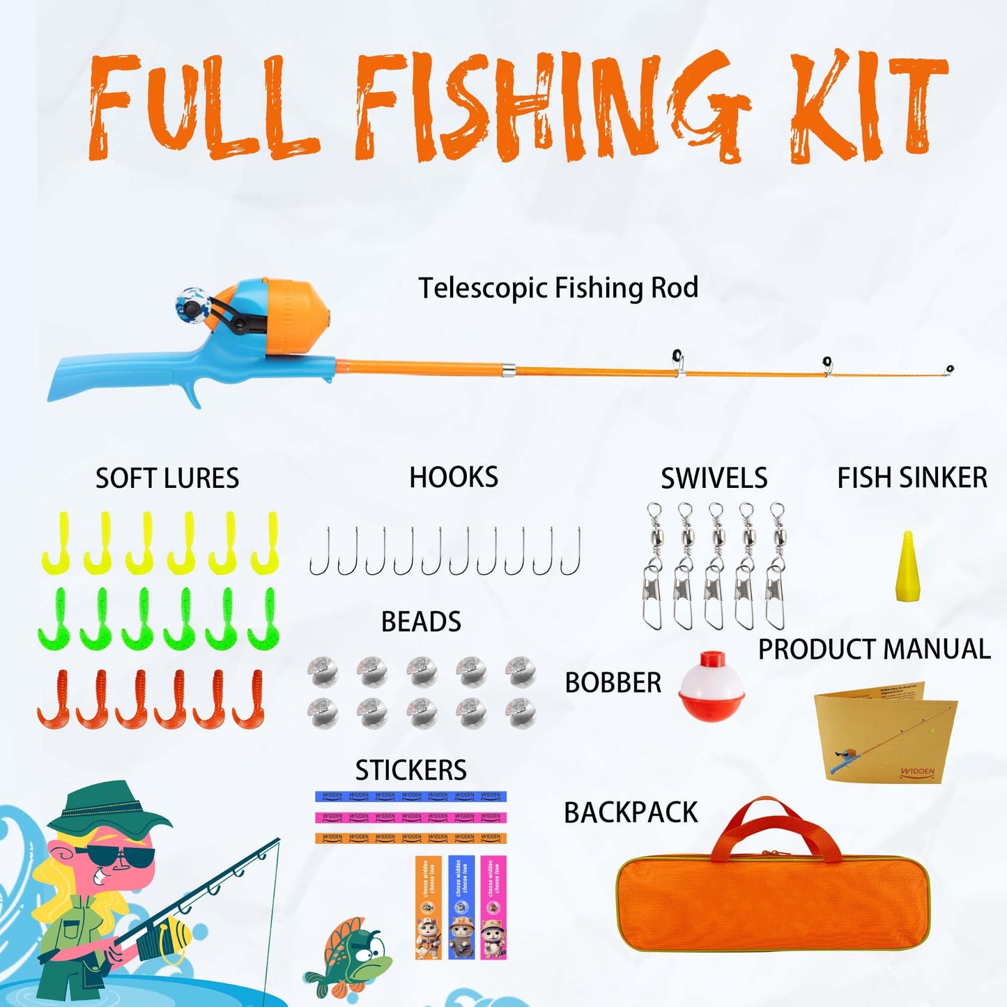 WIDDEN Kids Fishing Pole, Telescopic Fishing Rod, Toddler Collapsible Fishing Rod and Reel Combo with Tackle Box, Fishing Line, Bobber, and Soft Lures for Boy, Girl, Youth, Beginner, Over 3 Years Old