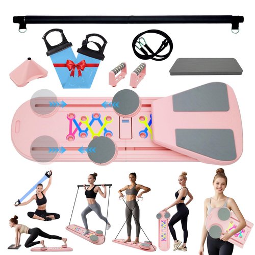 Toptoo Pilates Reformer Board Set for Home Workout, Multifunctional Portable Foldable Pilates Board for Small Spaces, Extra Complimentary Tension Straps, Full Body Workout for Women/Men(Pink)