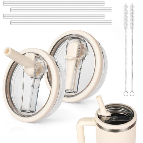 40oz Flip Straw Lid Replacement for Stanley Quencher H2.0 Tumbler, 2 Cream Leak Proof Flip Lid & 4 Tritan Straws & 2 Straw Brush