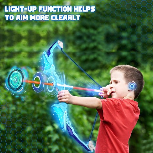 HOLIBIBE 2 Pack Kids Bow and Arrow, 20 Suction Cup Arrows, 2 Archery Targets&Quiver, Light-up Set for 4 5 6 7 8 9 10 11 12 Year Old, Indoor Outdoor Toys for Ages 5-7 8-13 Boys Girls(Black & Blue)