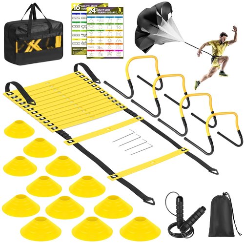 BORNEW Agility Speed Training Equipment Set - 20ft Speed Ladder, 12 Cones, 4 Adjustable Hurdles, Jump Rope, Parachute, Ideal for Basketball, Football, Soccer, for Kids, Youth, Adults