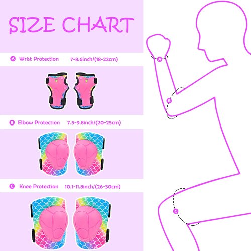 PAMAID Knee Pads for Kids Adjustable Protective Gear Set with Mesh Bag Knee Pads and Elbow Pads Wrist Guard for Girls Kids Roller Skates Cycling Skateboard Scooter, 3-8 Years (Pink Mermaid)