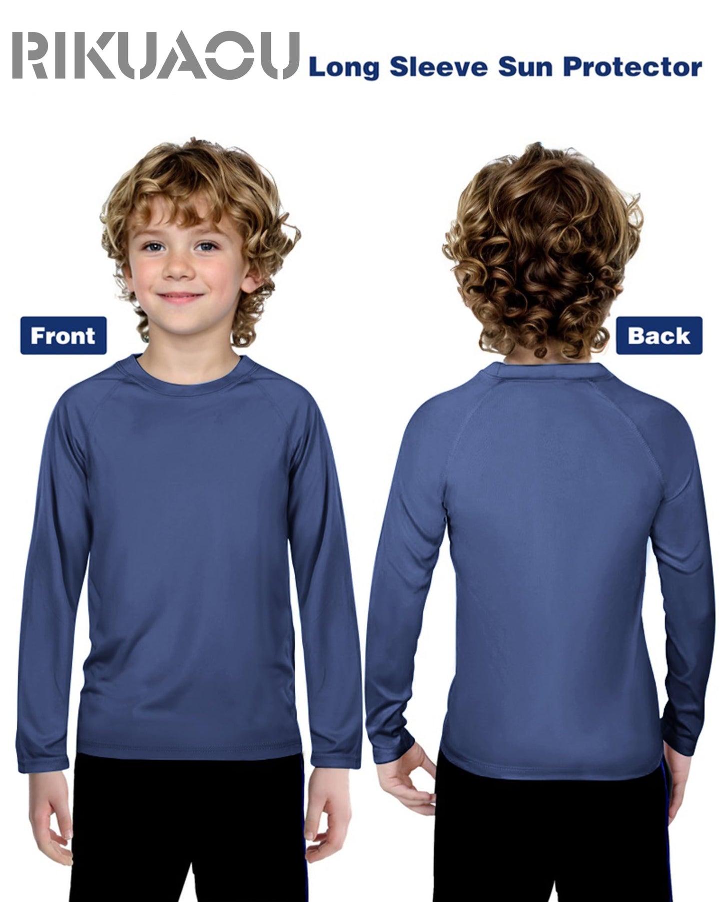 Boys UPF 50+ Rash Guard Swim Shirt, Kids Youth Long Sleeve Sun Protection UV Rashguard Shirts for Water Surfing Beach Deep Sea Blue