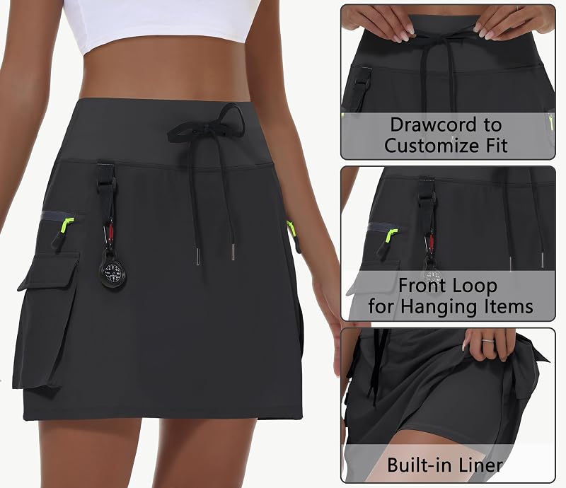 MIVEI Women's Hiking Cargo Skorts with Zipper Pockets, Black, Medium