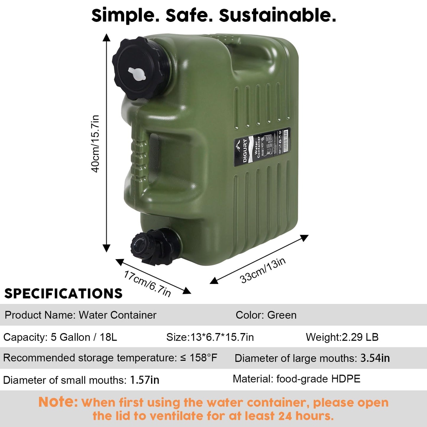 Digury 5 Gallon Water Jug, Camping Water Container BPA Free Water Storage with Spigot No Leakage Portable Emergency Water Tank for Outdoor Hiking Camping Picnic Supplies Green