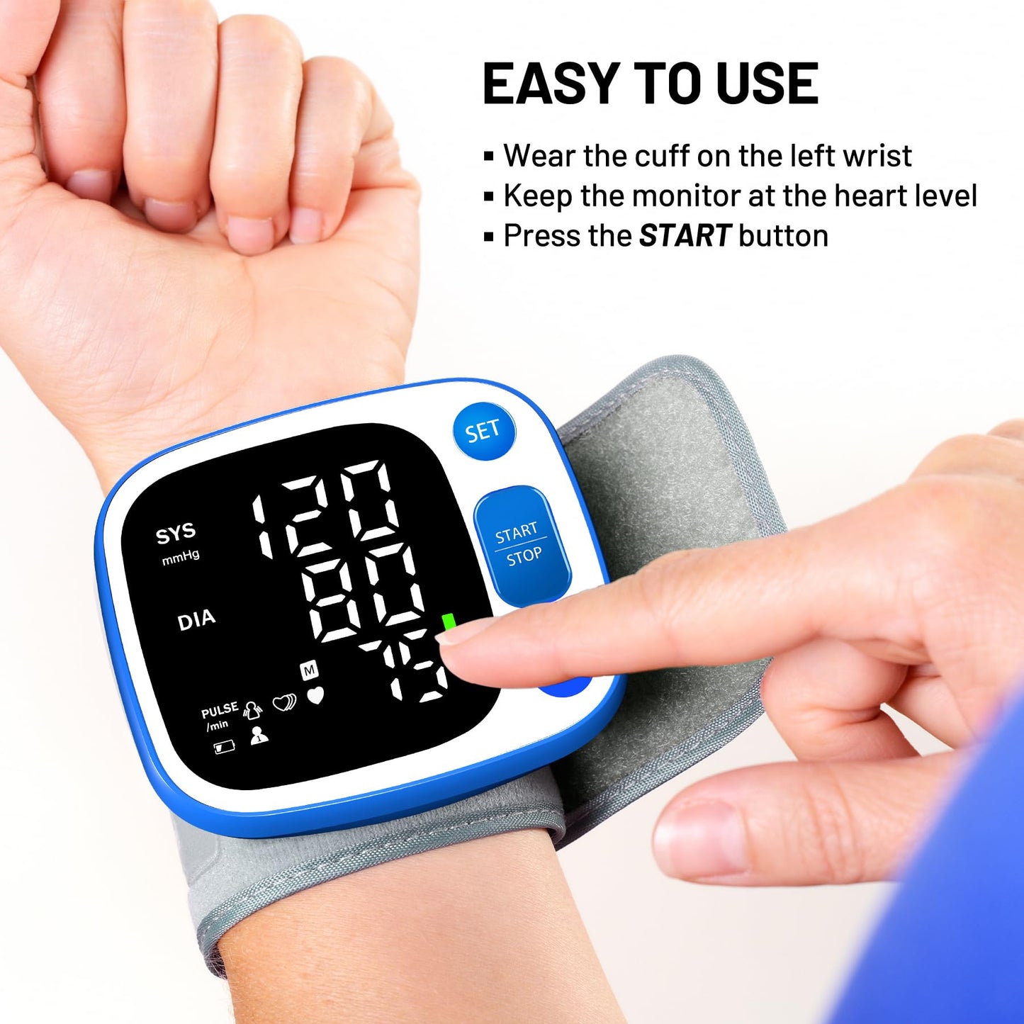 Oklar Blood Pressure Monitors for Home Use Rechargeable Wrist Digital BP Machine Cuff with LED Backlit Display, Voice Broadcast, 240 Memory Storage for 2 Users with Carrying Case, Blue