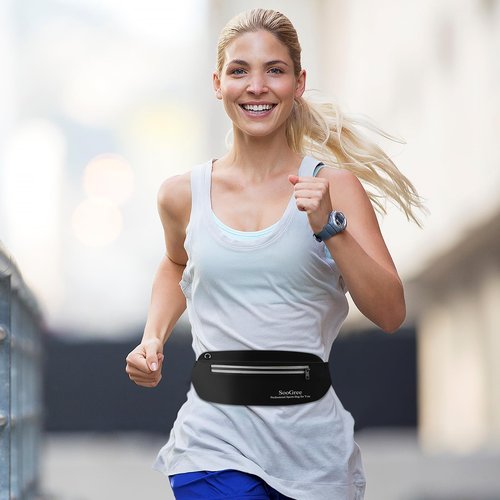 SooGree Running Waist Pack for Men Women, Lightweight Waterproof Sports Belt Bag, Phone Running Pouch, Night Reflective Fitness Storage Bag for Running Cycling Hiking Traveling (Black)