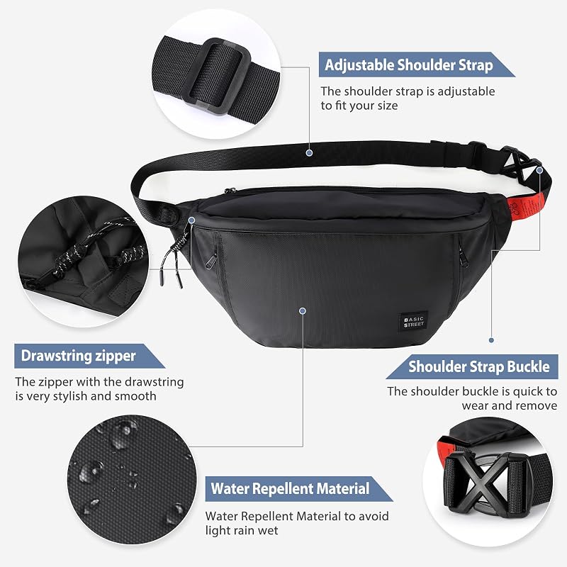 SUNMOP Large Crossbody Fanny Pack for Men & Women, Waterproof Belt Bag with 5 Zippers - B-Black-M