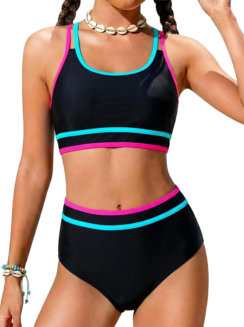 Tween Girls Sporty Color Block Two Piece Bikini Set with Chest Pads - Size 13-14 Years (Black Variation)