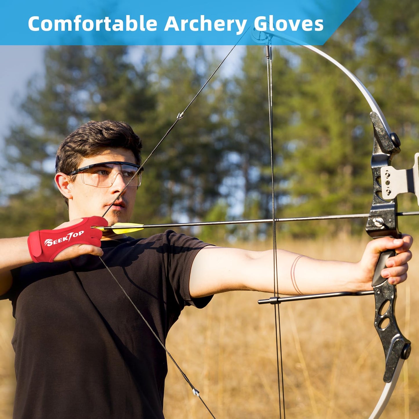 Seektop Archery Gloves Shooting Hunting Leather Three Finger Protector for Youth Adult Beginner (Red, XL)