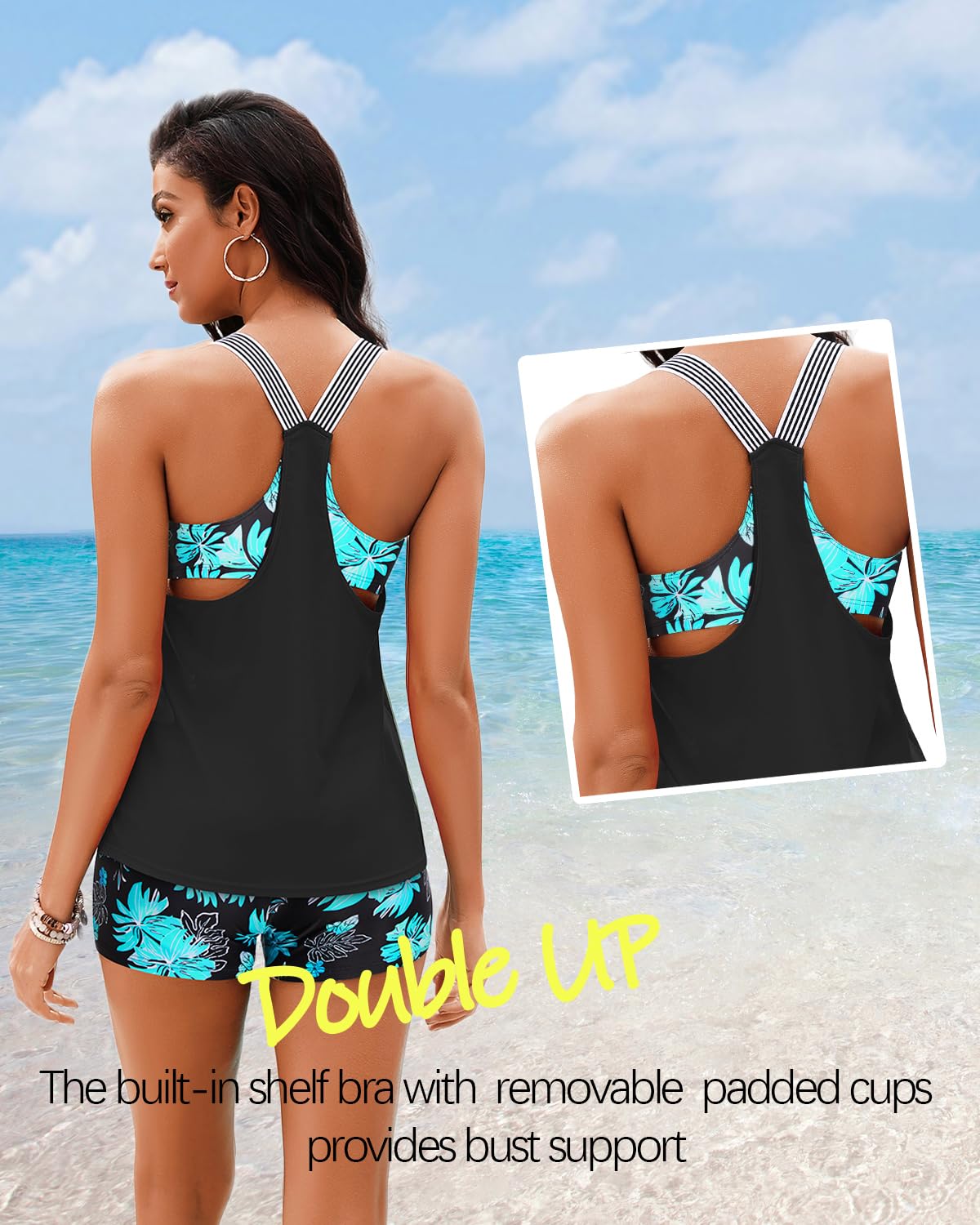 Daci Green Flowers Athletic Tankini Swimsuits for Women-2025 Bathing Suits 2 Piece Swimwear with Shorts for Tummy Control L