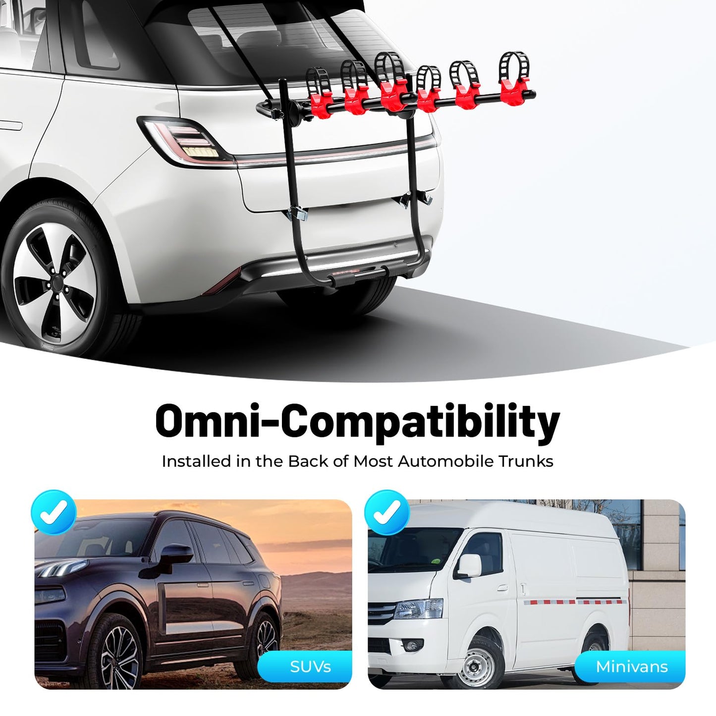 3-Bike Trunk Mount Rack for Cars, SUVs & Minivans – Heavy Duty 44.1 lbs Capacity Bike Carrier with Anti-Slip Slots & Soft Pads
