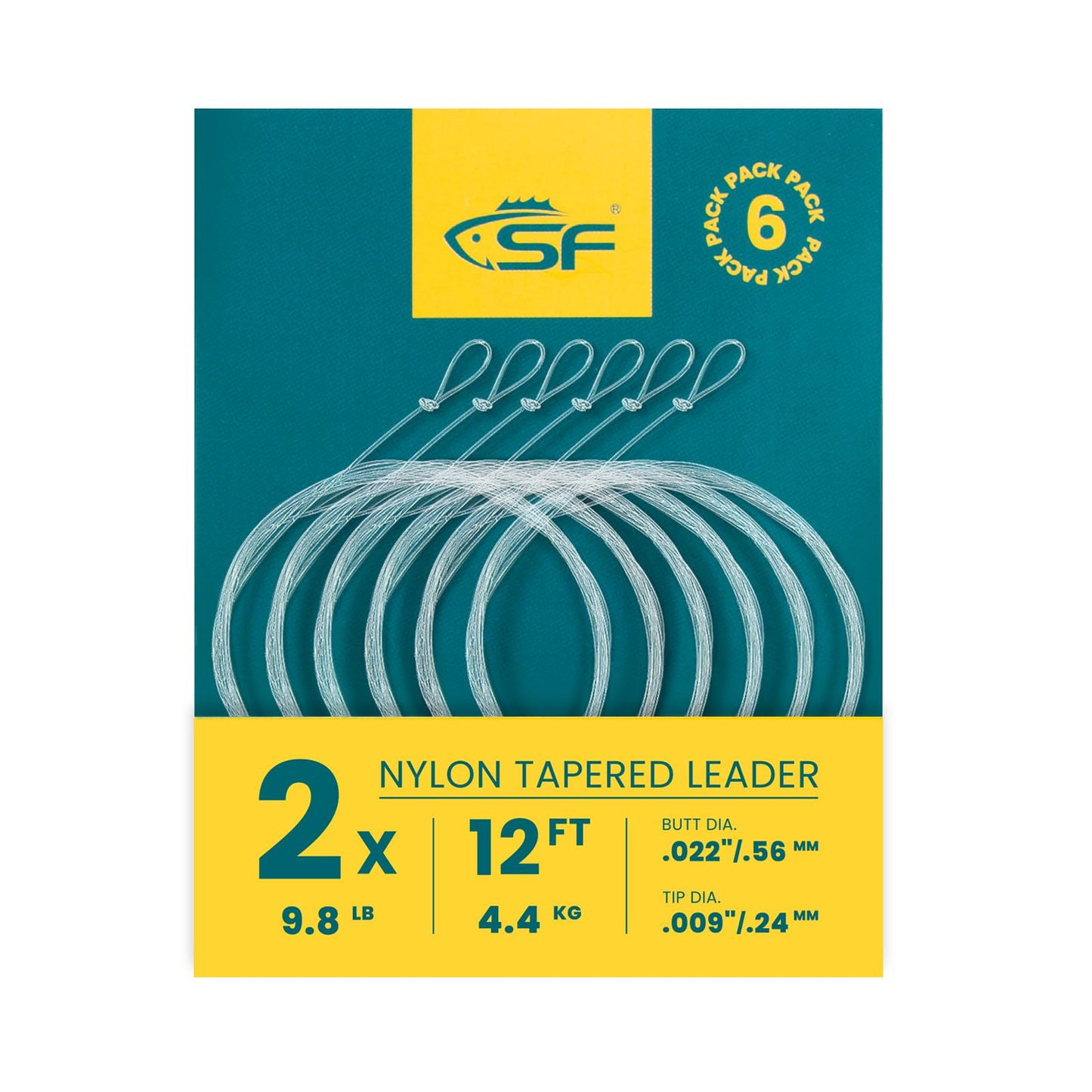 SF 6PCS Pre Tied Loop Fly Tapered Leader Nylon Fly Fishing Trout Leader Line 12FT-2X