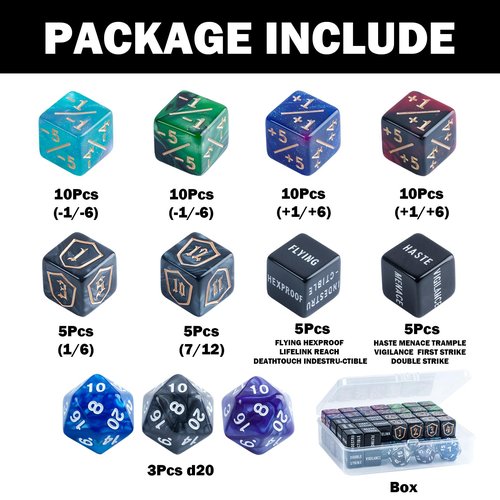 PYPGT 63 Pieces MTG Dice Counters Bulk Ability Keyword Counters Life Counter 1/+1 counters,6 Sided Dice Set for Tabletop Games,MTG, TCG, Card Games Accessories