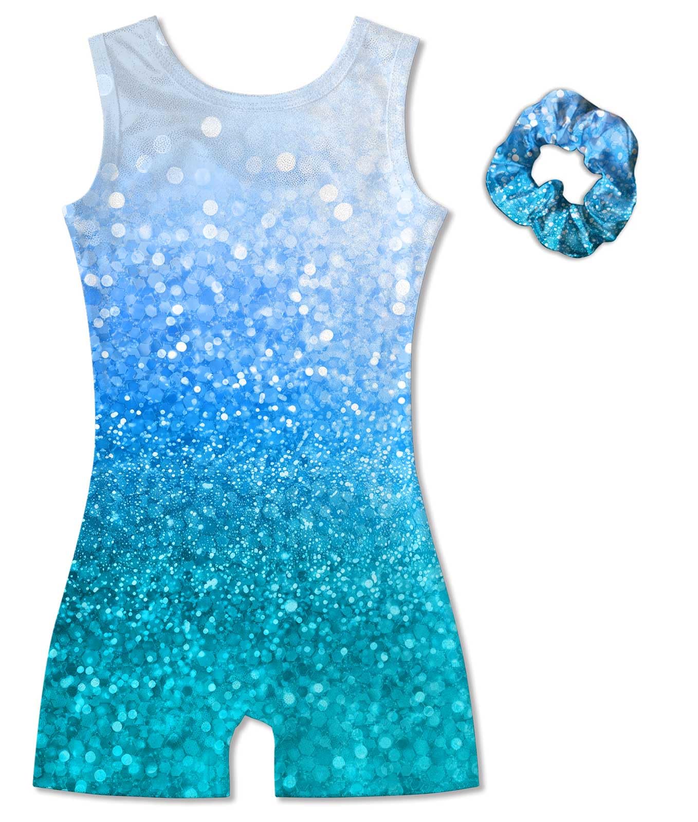 Vogseek Gymnastic Leotards for Girls 6 Years Blue Spakle Dots Tumbling Outfits with Matching Scrunchie 2 Piece Quick Dry Sleeveless Classic Dance Unitards Size 7