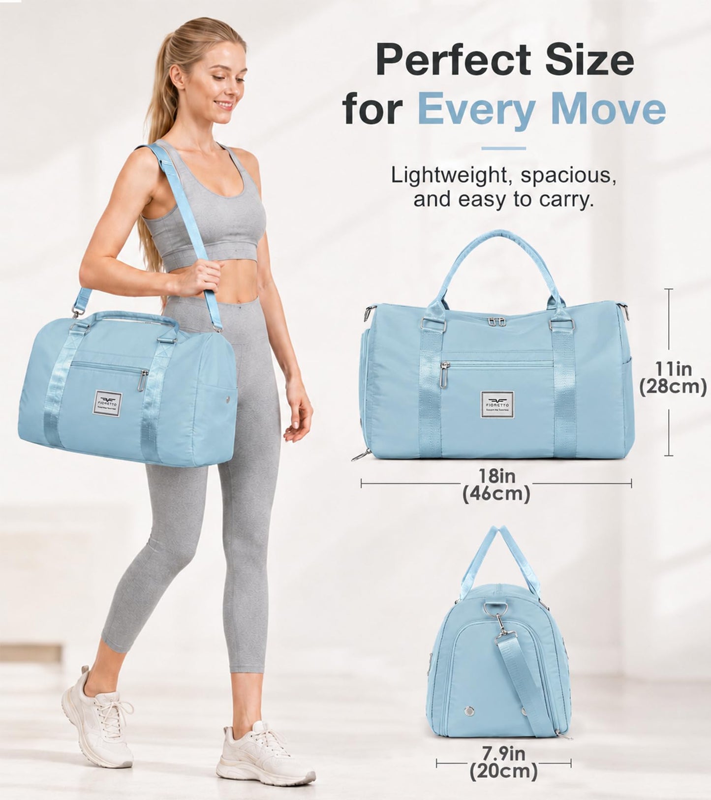 FIORETTO Womens Gym Tote Duffle Bag with Wet Pocket & Shoe Compartment, Sports Duffel Overnight Weekender Hospital Workout Carry on Bag for Girls, Ideal for Travel, Swimming, Dance, Ballet Light Blue