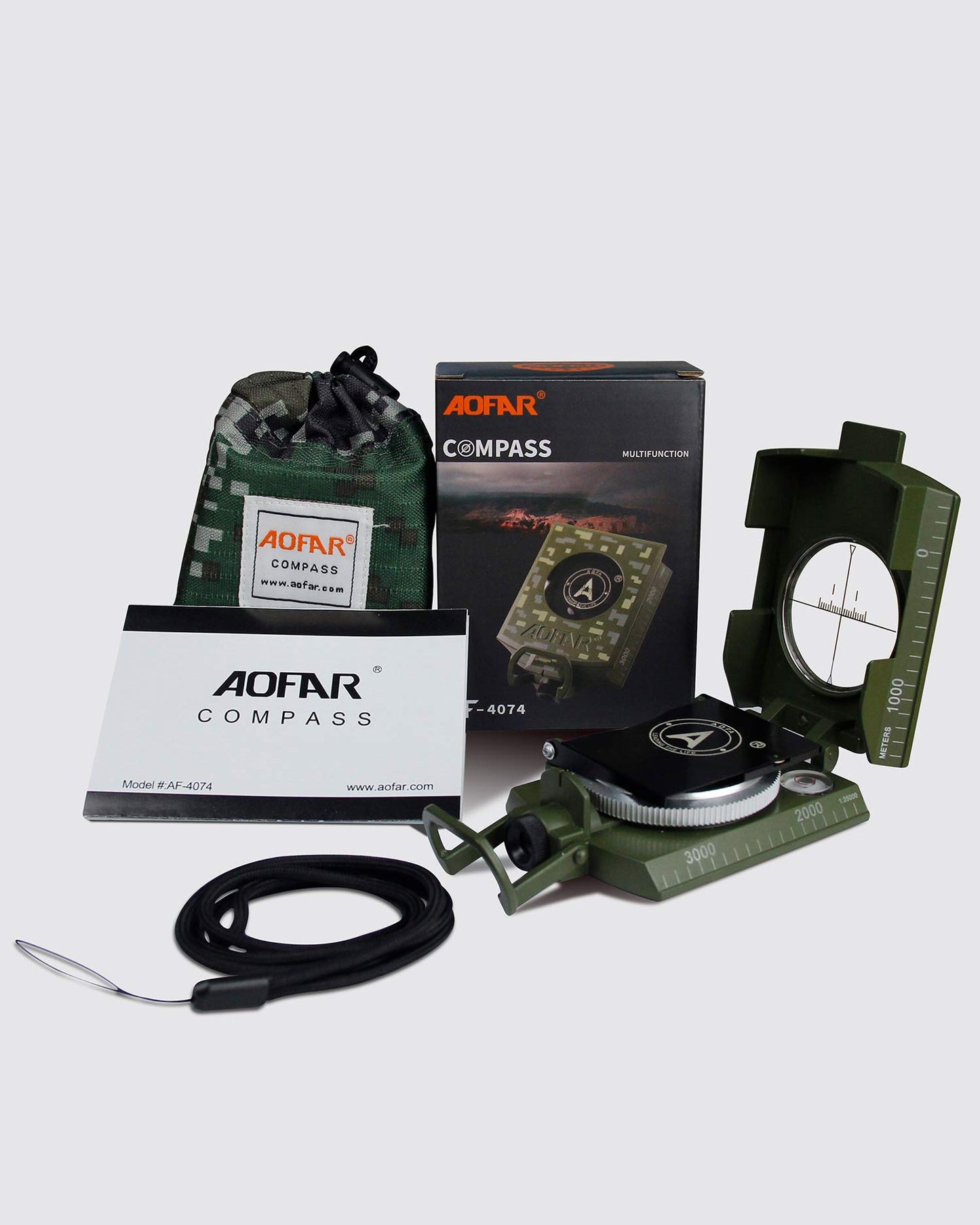 AOFAR AF-4074 Military Compass Lensatic Sighting-Multifunctional, Fluorescent, Waterproof and Shakeproof with Inclinometer and Carrying Bag for Camping, Hiking, Hunting