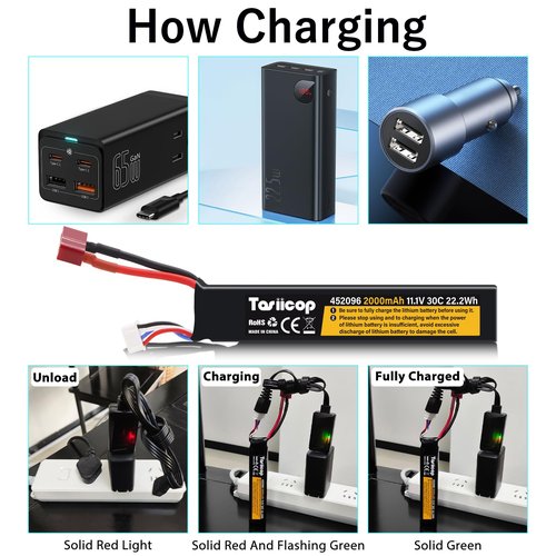 Tosiicop 11.1V Airsoft Battery 2000mAh - Lipo Batteries 30C & XH-4P Connector with T Plug to Mini Tamiya Conversion Cable Rechargeable USB Charger for Airsoft Model Rifle Gel Blaster Accessories
