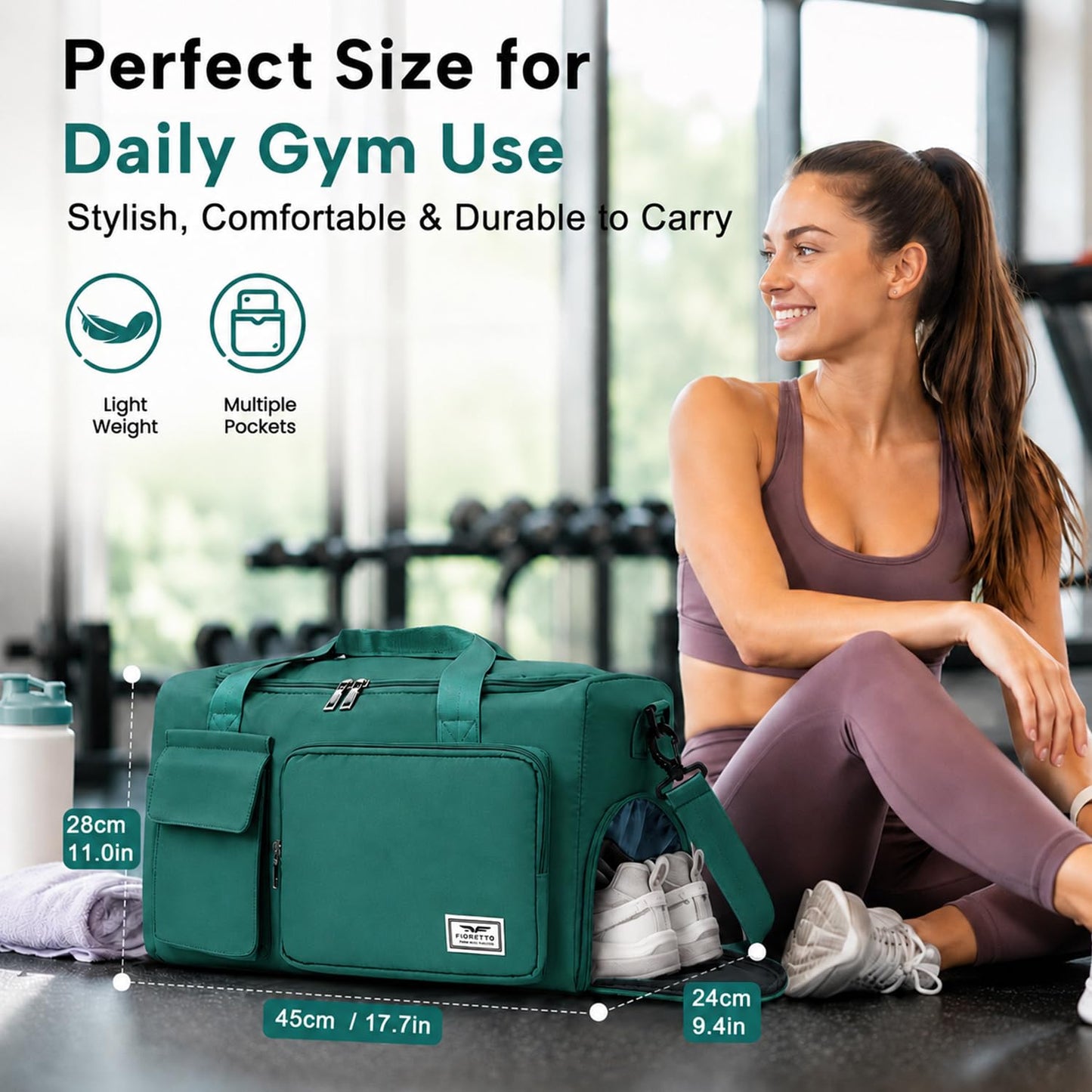 FIORETTO Women's Gym Duffle Bag with Shoes Compartment, 30L Capacity, Ideal for Travel, Gym, Sports, Duffel, Weekender, Turquoise