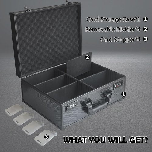 SUGOOE Toploader Card Storage Box for 3’’ X 4’’ 35pt Rigid Cards, Combination Lock Storage Box with 6 Removable Dividers, Sports Card Case