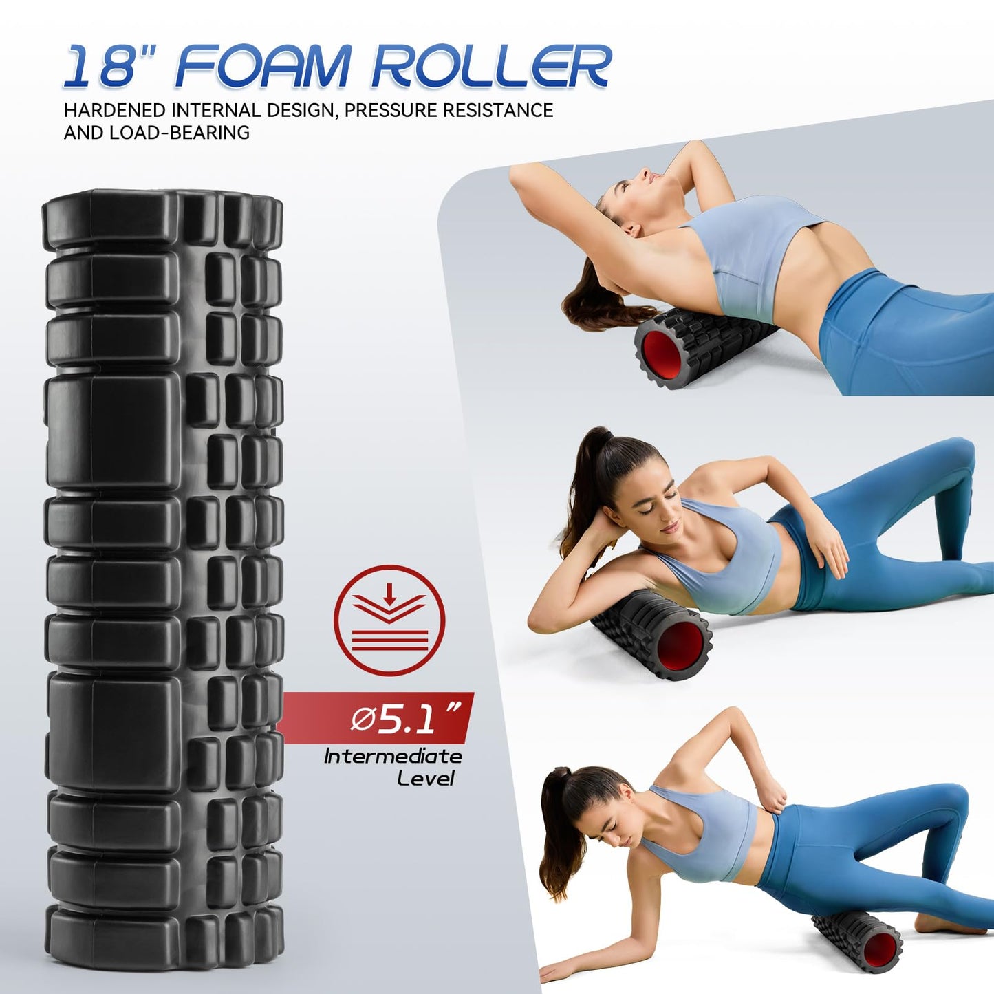 Krightlink 5-in-1 Foam Roller Set, Massage Roller Stick, Massage Ball, Resistance Band for Deep Muscle Massage, Trigger Point Release, Pilates, Yoga (Blue)
