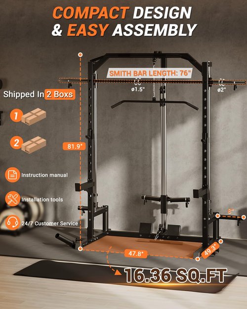 Smith Machine with LAT Pulldown Machine, Multi-Functional Power Cage with Full Body Training Attachments, Heavy Duty Squat Rack for Home Gym Strength Training