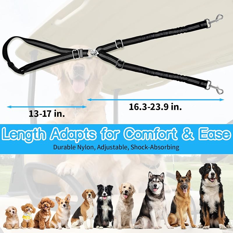 Golf Cart Dog Seat Leash & Safety Harness - Adjustable Tangle-Free Retractable Strap (Double Dog)
