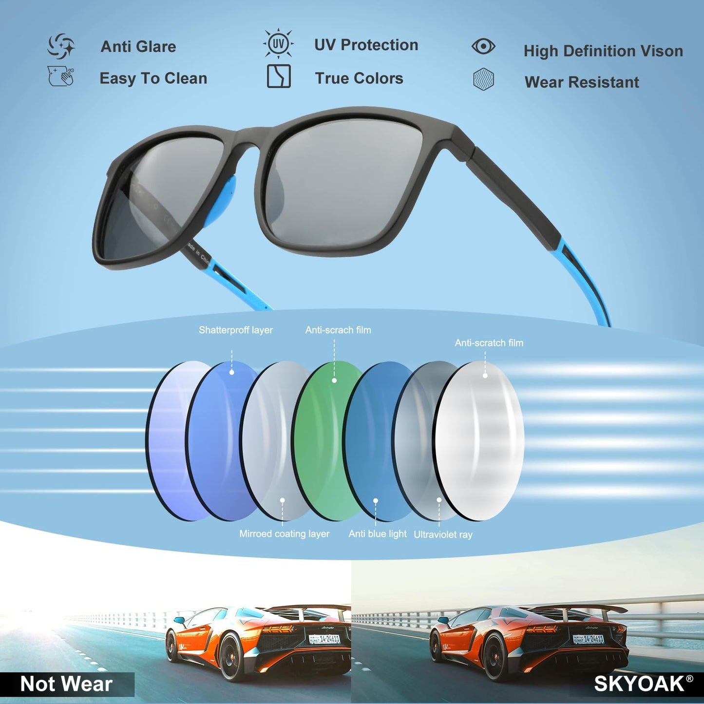 SKYOAK Premium Large 158MM XXL Polarized Sunglasses for Men Women, Scratch/Saltwater Resistant/Oleophobic Coating Lens Sun Glasses TR Frame Stylish Oversized Shades (2 Pack, Ocean & Mercury)
