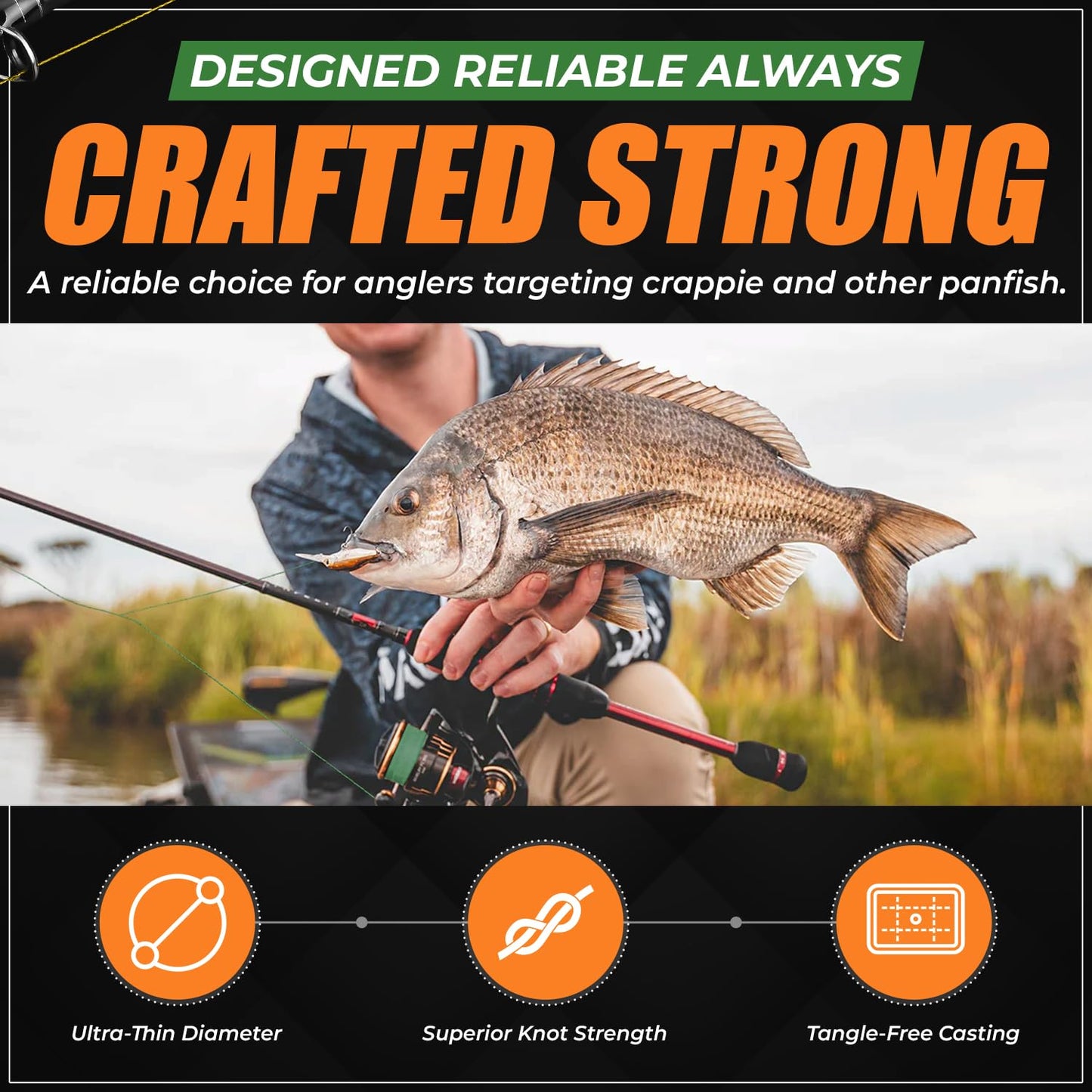 FINS Crappie Braided Fishing Line – Micro Diameter 4-Strand Ultralight Braid for Crappie, Perch, Sunfish and Panfish, High Visibility, Low Memory, Ultralight Freshwater Spinning Reel Braid