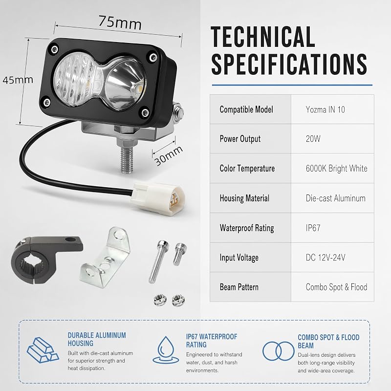 20W 6500K White LED Baja Light for Yozma IN10 Pro Dirt Bike – Direct Replacement