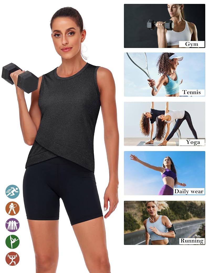 LURANEE Women's Crossover Hem Crop Tank Top - Black Large, Workout Yoga Activewear