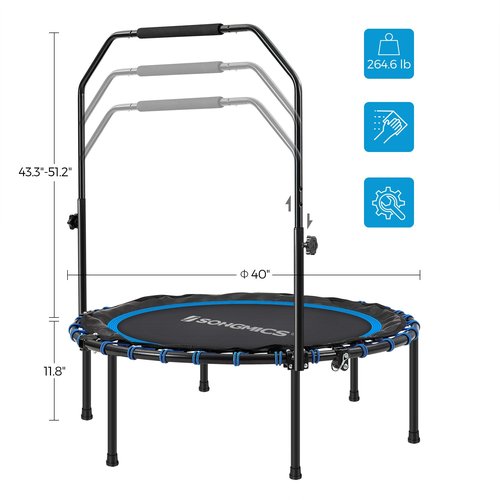 SONGMICS 40 Inches Mini Fitness Trampoline, Fitness Rebounder with Adjustable Handrail, Foldable Trampoline for At-Home Workout, Max. Load 264.6 lb, Blue and Black USTR040Q01