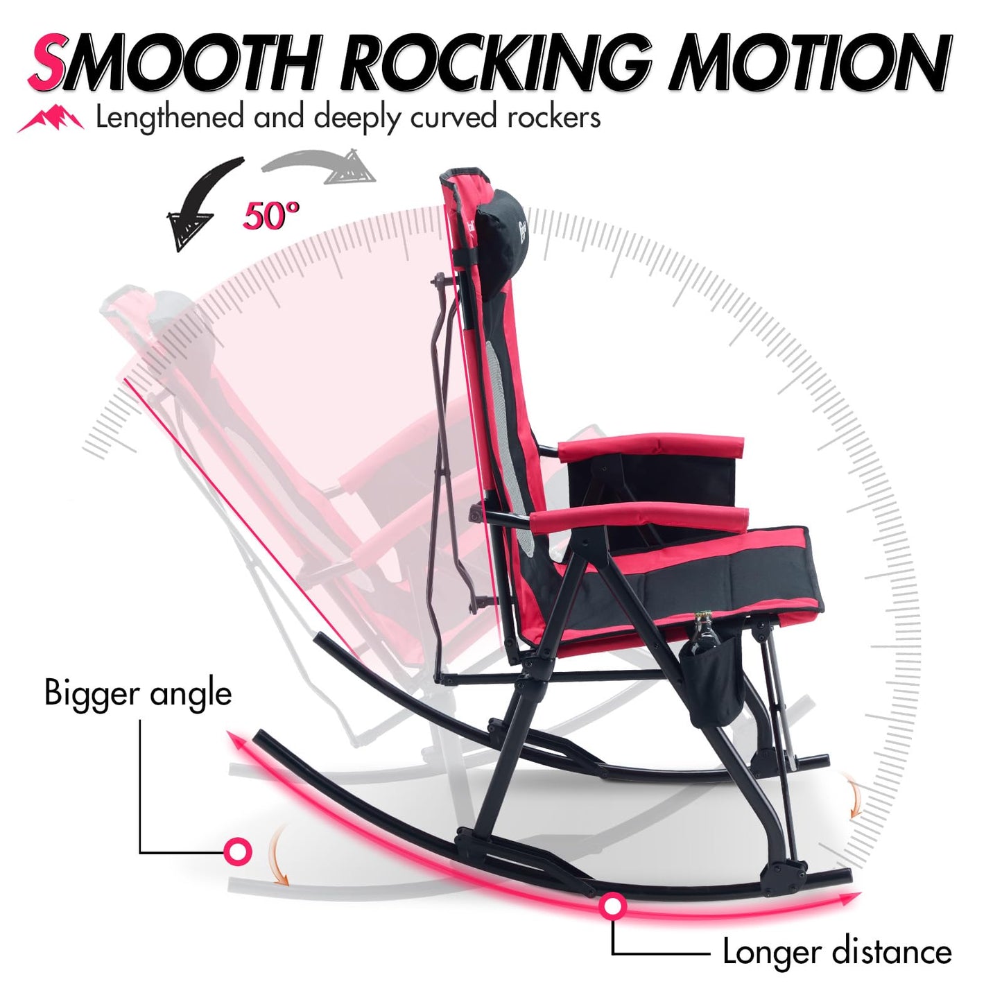 Portal Oversized Folding Rocking Camping Chair Portable Outdoor Rocker with High Back, Pillow for Lawn, Patio, Camping Outside, Hot Pink, 400 lbs