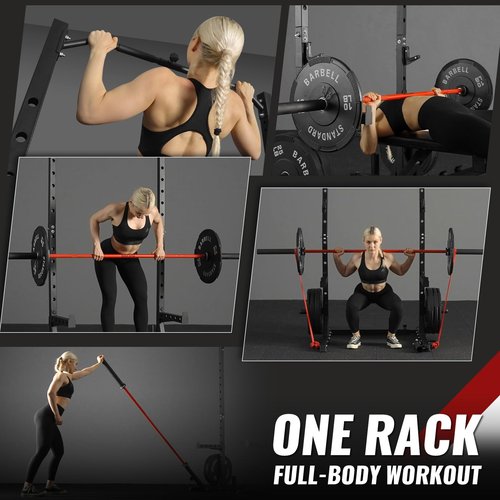 Mikolo Squat Rack, Adjustable Squat Rack Fits 6/7FT Bar, Squat and Bench Rack with Pull Up Bar for Strength Training, Squat Rack for Home Gym,1000LB Capacity, Black