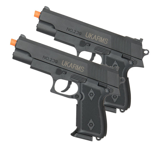 2 Pack of Polymer Spring Operated 7" Inch BB Airsoft Pistol-Intended for Film and Costume use.