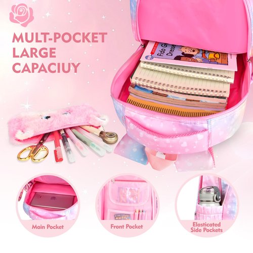 QJHEC Kawaii Rainbow Backpack for Girls – Cute Starry School Bags for Kids & Teens with Plush Pen Case & 6-Piece Study Supplies Set, Children's Bookbag for Elementary – Pink 17.5inch