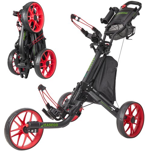 EASEGO Golf Push Cart 3 Wheel : Golf Bag Cart Foldable with Phone Holder/Cup/Umbrella Holder Compact Golf Pull Carts Quick Fold Golf Caddy Push Carts with Large Wheelbase for Different Terrain (red)
